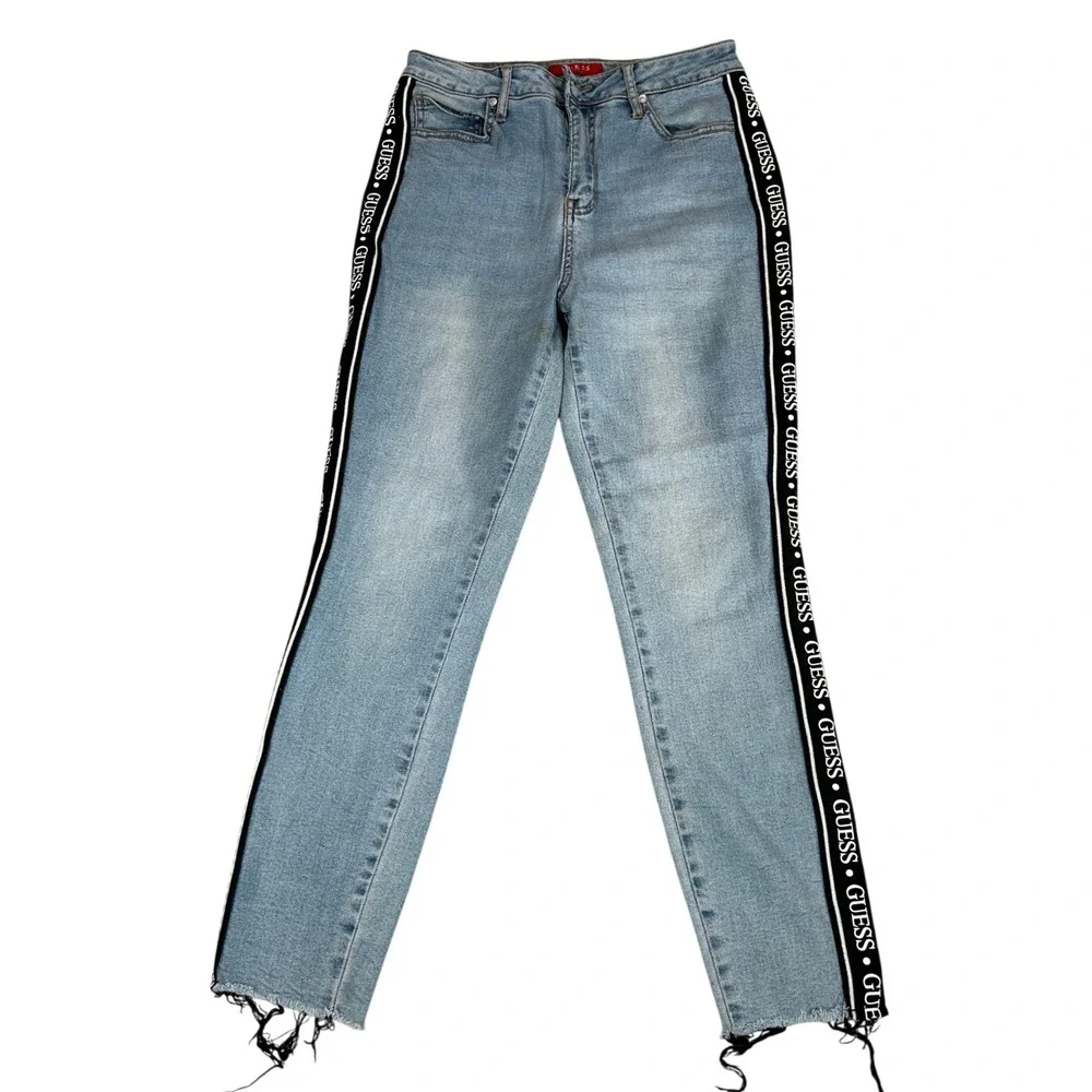 Guess Los Angeles Womens Light Wash Logo Side Stripe‎ Raw Hem Skinny Jeans Blue